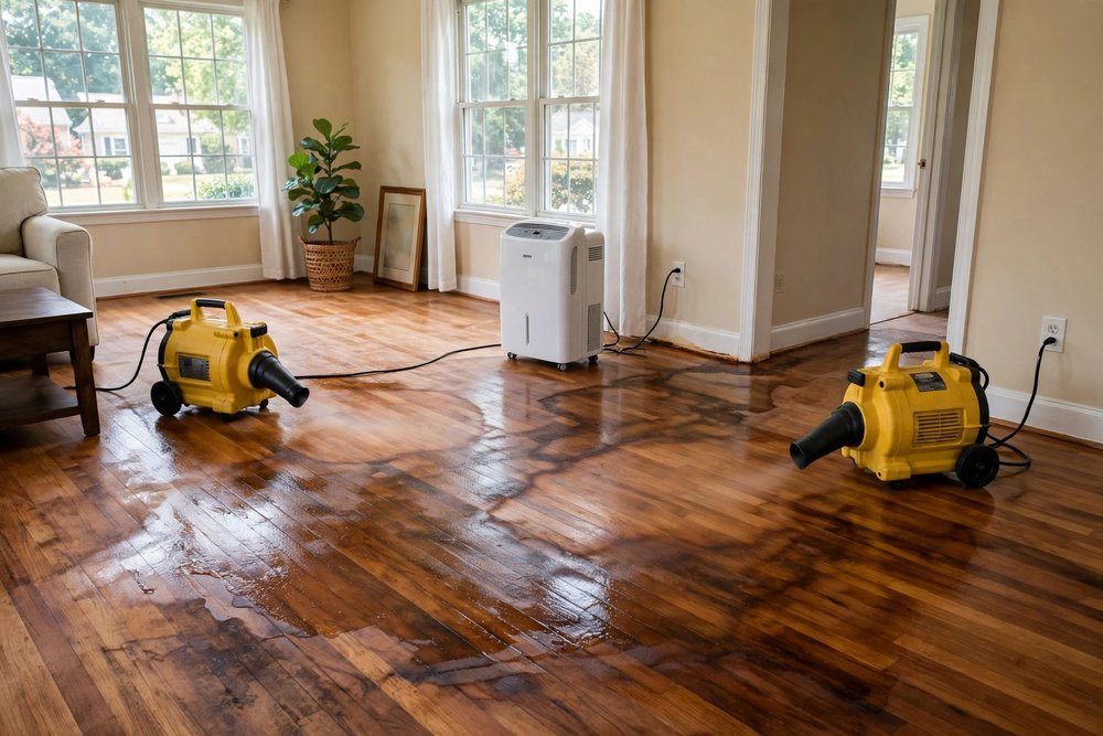 Two yellow air movers and a dehumidifier drying a wet hardwood floor