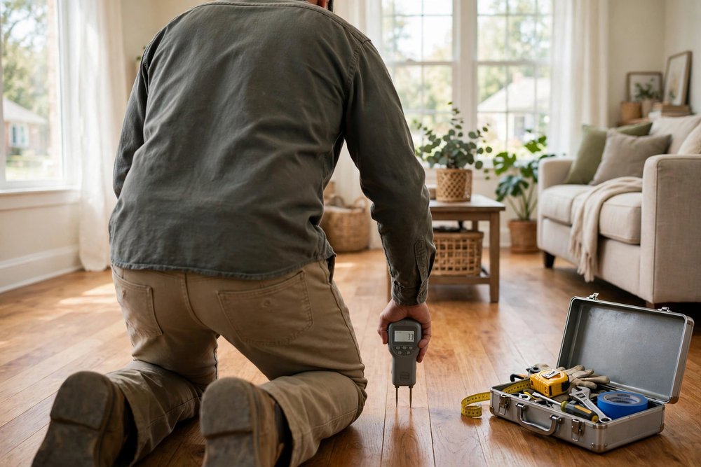 Technician testing a hardwood floor with a pin moisture meter