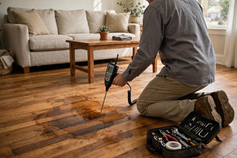 Technician checking a damp hardwood floor with an electronic leak detection device
