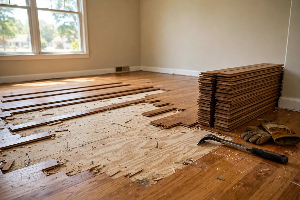Hardwood planks removed to expose the plywood subfloor, with stacked boards nearby