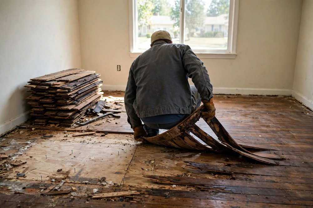 Worker lifting warped damaged hardwood boards during tear-out, with removed boards stacked nearby