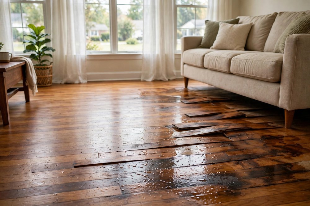 Water-damaged hardwood floor with dark stains and warped boards in a living room