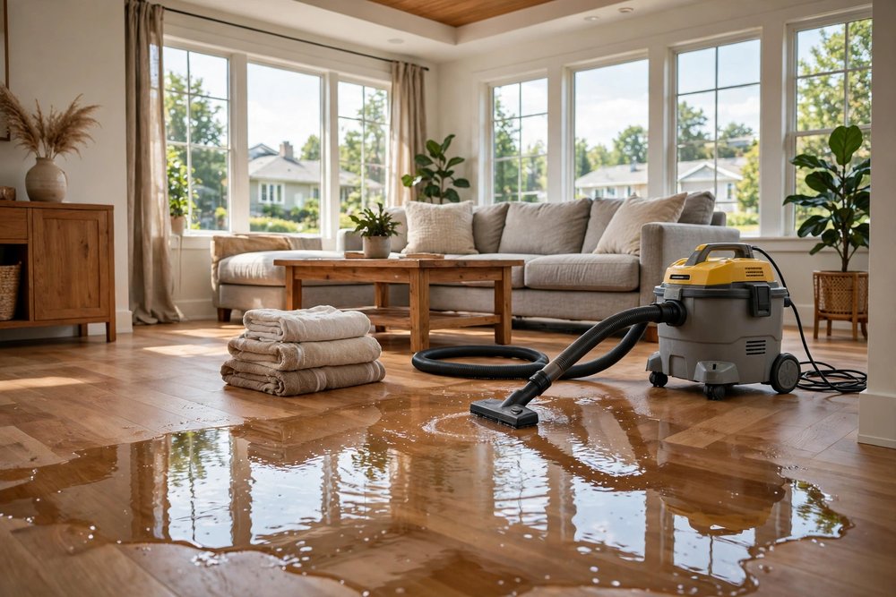 Wet/dry vacuum extracting standing water from a hardwood floor in a living room